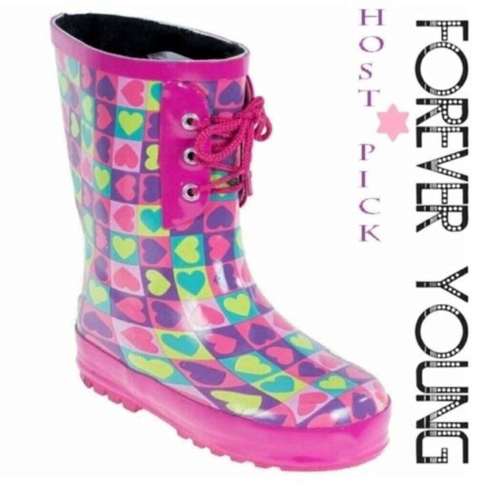 Kids Rainboots, Faux Fur Lined Girls Rain Boots, K-1550 Pink Hearts, Size 3